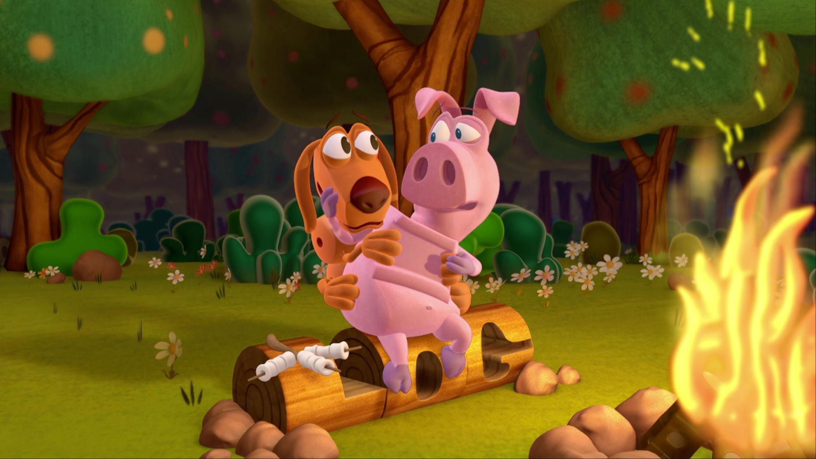 Pig and Frog take Dog camping. / Duck is ready for his yearly vacation.